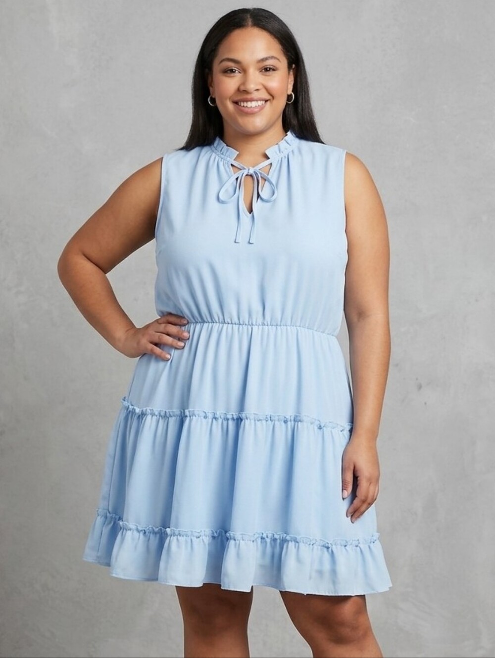 Size 4X Light Pastel Blue Ruffled Tiered V-Neck Tie Front Dress